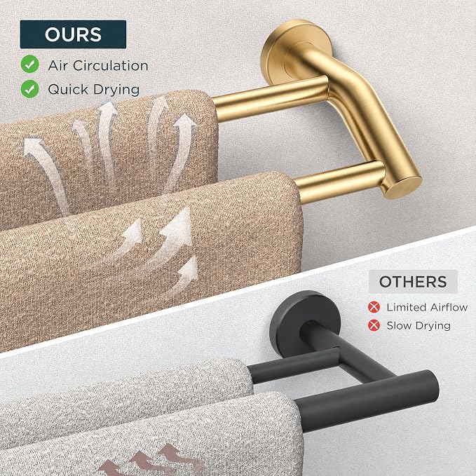FORIOUS Double Towel Bar 24", Bathroom Towel Holder Rod Wall Mounted Gold | Heavy Duty Towel Racks for Bathroom Bedroom, Space Saving, Rustproof, Stainless Steel Towel Holder, Total Length 26 Inch