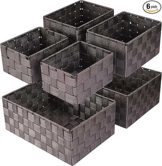 Storage Baskets with Lids: 6 Pack Stackable Woven Storage Bins, Brown | Decorative Woven Baskets for Organizing with Built-In Handles for Shelves, Closets, Cabinets and Cubbies, Gift Small Basket