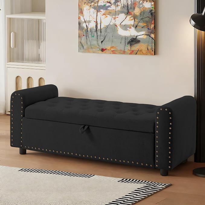 48" Ottoman with Storage, Tufted Storage Ottoman Bench, Convenient Living Room Fabrics Bench Seat, Entryway Shoe Benches with Inner Zipper & Arm, Upholstered Window Seat Ottomans with Rivets, Black