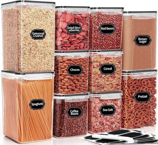 PRAKI 10 PCS Flour Sugar Storage Containers for Organizers and Storage | BPA Free, Airtight Food Storage Containers with Lids for Sugar, Flour, Baking Supplies, Versatile Kitchen Containers, Black