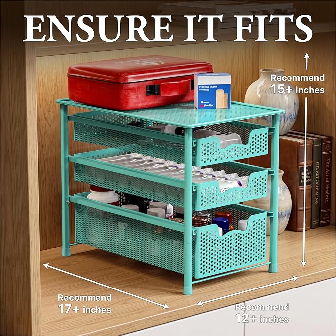 Simple Houseware Stackable 3 Tier Slide Basket Organizer Drawer, Turquoise