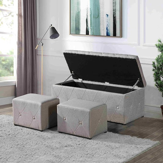 Ottoman Set of 3, 39'' Hinged Tufted Storage Ottoman Bench with Cushion, 2pcs Small Dorm Stools Couch Side Foot Rest