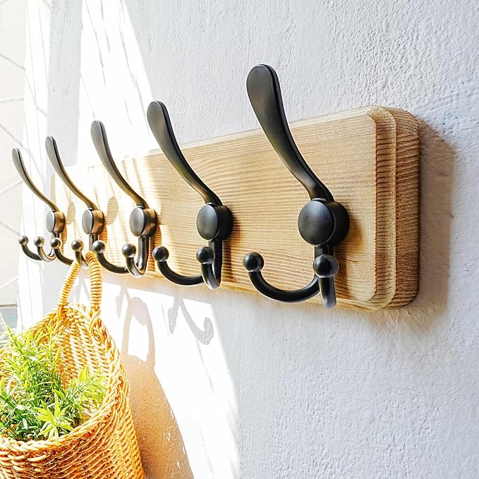 Coat Rack Wall Mount - Heavy-Duty Robust Rustic Wooden Wall Coat Hanger Hook Rail with 5 Triple Hooks for Winter Coats Hat Jacket Clothing, Light Brown & Black, Pack of 2