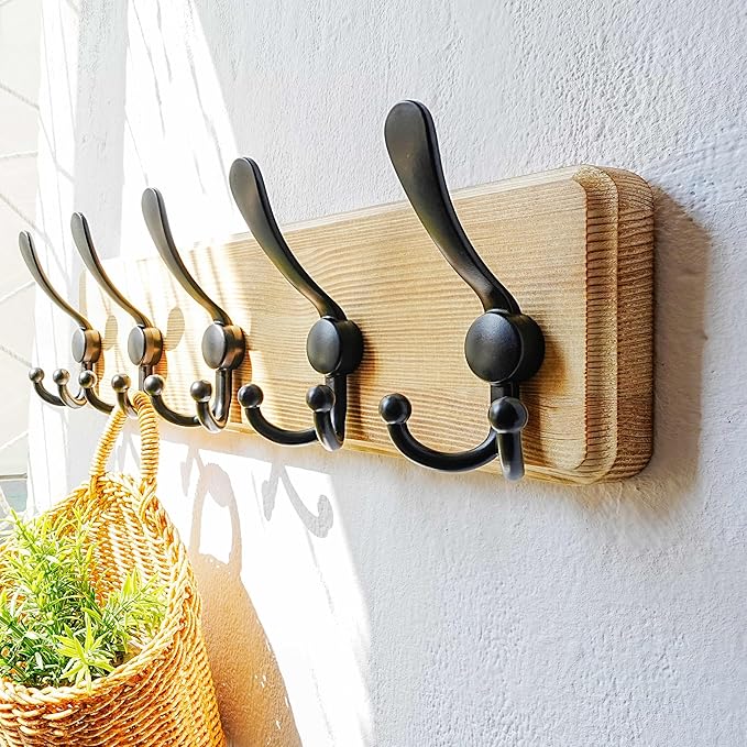 Coat Rack Wall Mount - Heavy-Duty Robust Rustic Wooden Wall Coat Hanger Hook Rail with 5 Triple Hooks for Winter Jacket & Hat Clothing, Light Brown & Black