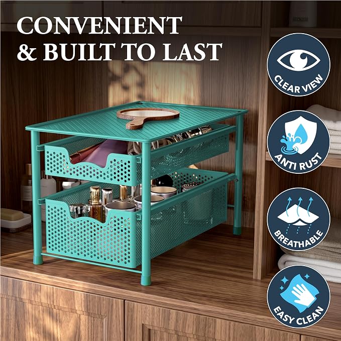 Simple Houseware Stackable 2 Tier Sliding Basket Drawer, Turquoise
