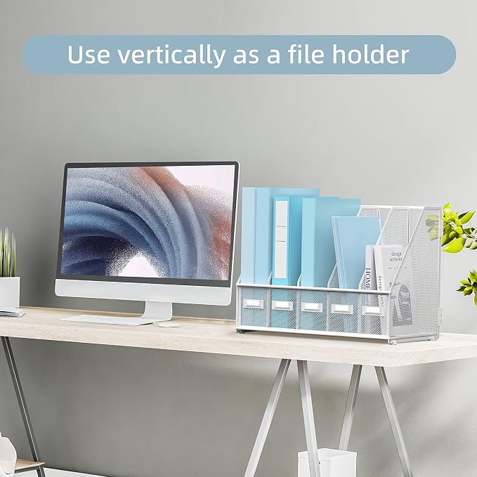 SUPEASY Desk Organizers Metal Desk Magazine File Holder with 5 Vertical Compartments Rack File Organizer for Office Desktop, Classroom, Home Workspace, White