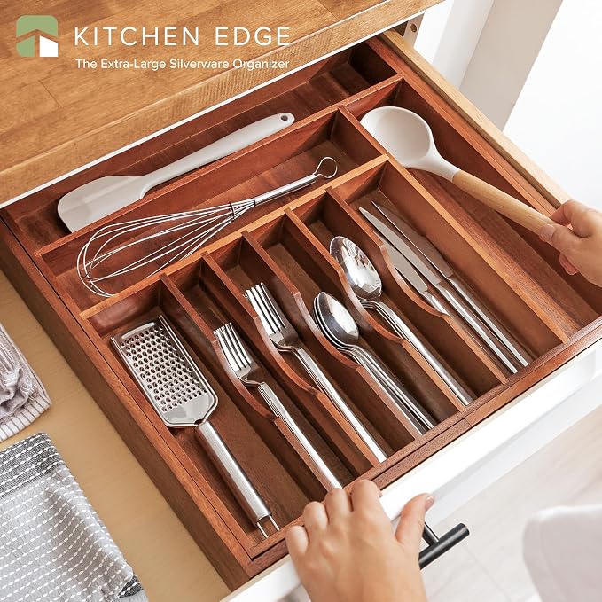 KitchenEdge Silverware & Utensil Drawer Organizer, 18-33 in, Acacia | Cutlery, flatware, food-safe contract grade, kitchen drawer fit