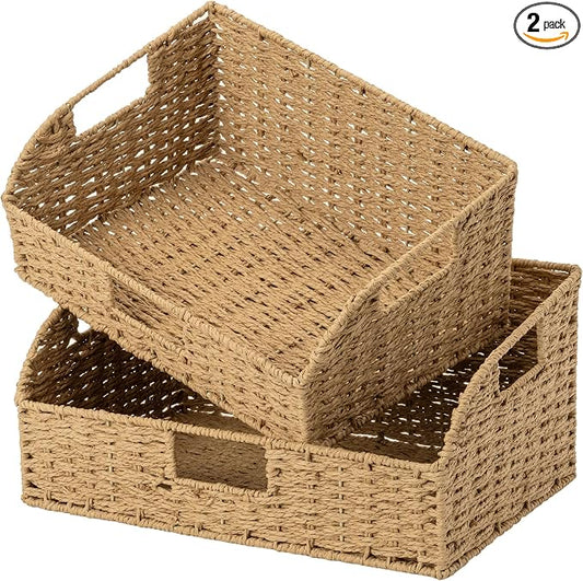 StorageWorks Pantry Baskets for Organizing,Wicker Basket for Storage,2-Pack | Paper Rope Wicker Storage Baskets for Shelves with Handles,Pantry Organizers and Storage,Shelf Baskets for Organizing