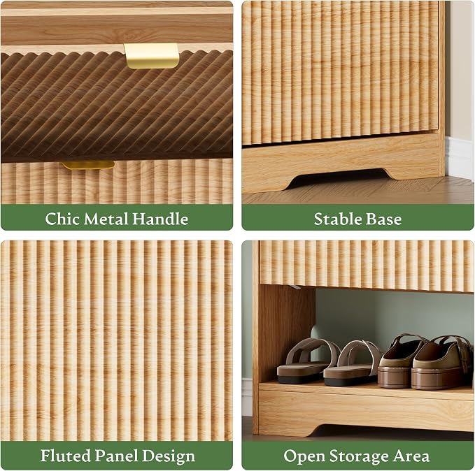 Xixini Shoe Storage Cabinet for Entryway with 2 Flip Drawers, Hidden Slim Wood Shoe Organizer with Modern Fluted Panel, Freestanding Narrow Shoe Rack for Front Door Entrance, Hallway, Foyer, Oak