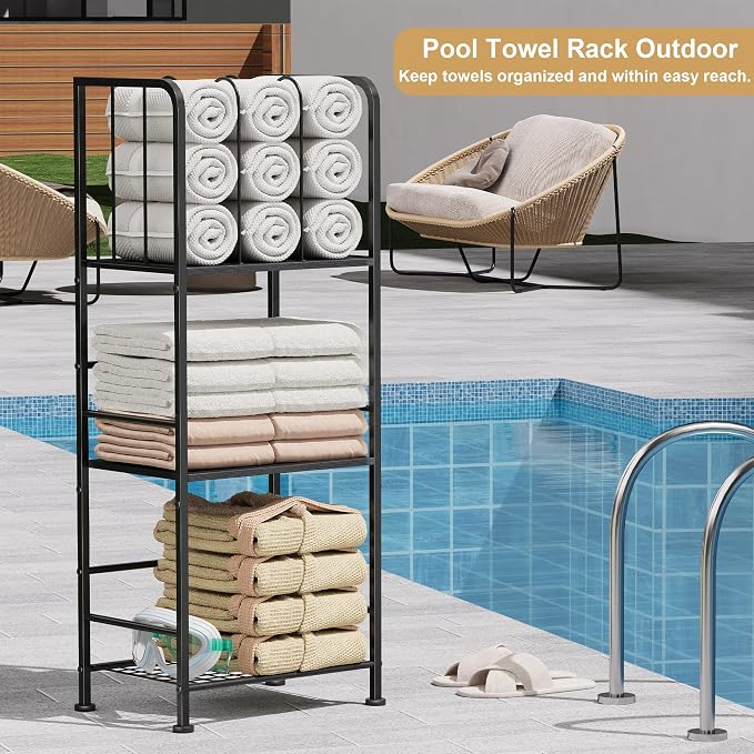 3-Tier Freestanding Towel Racks for Bathroom, Black Towel Rack Stand | Detachable M-shaped Dividers for Bath Towel Storage Premium Iron & Wood Holder Crafted for Bathroom Organization