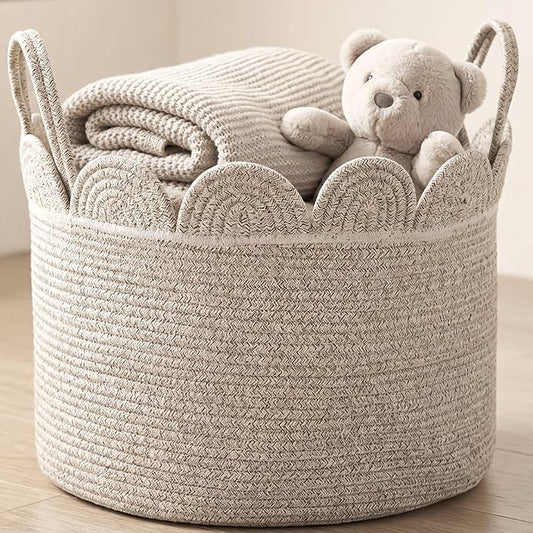 LemonRoad Brown Variegated Round Basket Large Blanket Basket 16" x 14" Scalloped Woven Baskets Cotton Storage Baskets for Nursery Classroom Closet Blankets Storage Home Decor