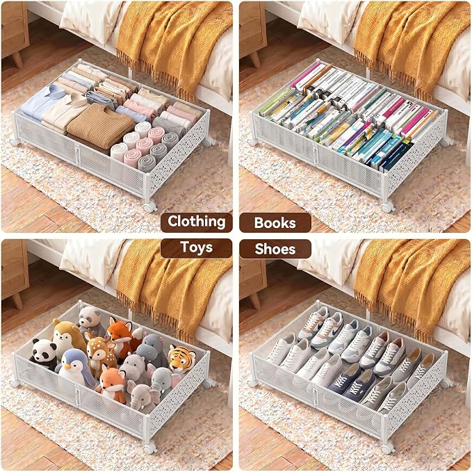 PHINOX Under Bed Storage with Wheels,Patterned,Sturdy Metal,2 Pack,White | Tool-free assembly, glide smoothly, easy reach, foldable, maxmazie low-profile beds, dorm, keep seasonal clothes, shoes fresh