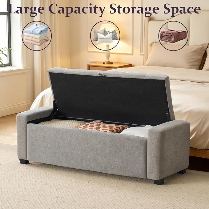 Royal Windsor 48" Ottoman with Storage,Tufted Storage Bench with Safety Hinge,Holds up to 350 lb,Upholstered Bench with Seating for Bedroom,Living Room,Entryway,Linen Light Gray