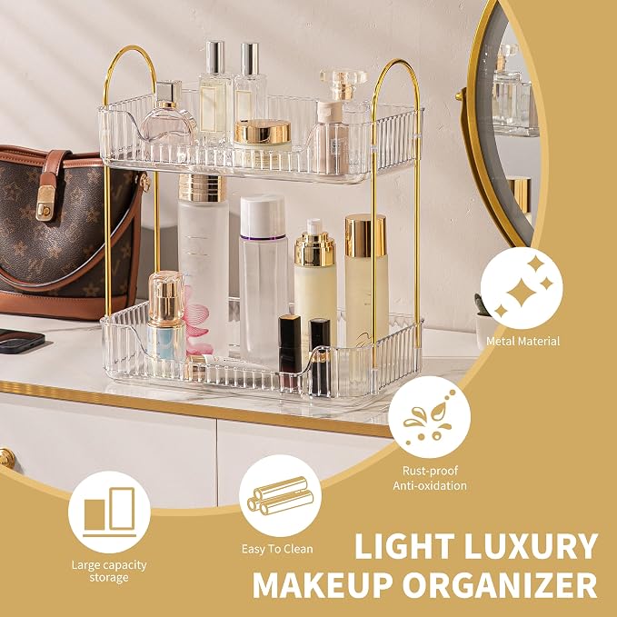 Akinbas 2 Tier Bathroom Organizer Countertop Makeup Perfume Tray Skincare Organizer for Bathroom Dresser Vanity (White)