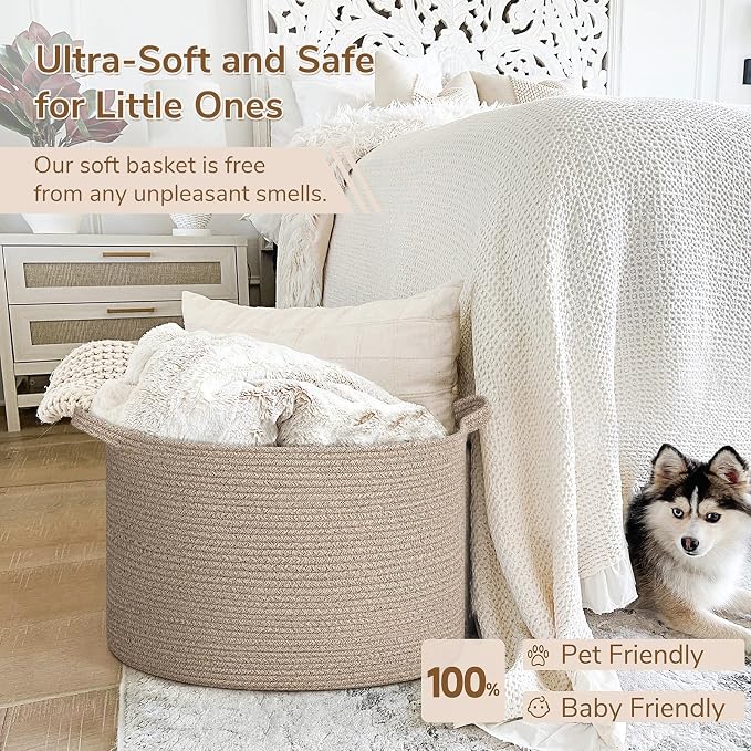 INDRESSME Large Woven Wicker Blanket Basket Living Room, 65L | 19.7" x 12.6" Storage baskets for laundry, toys & pillows. For living room, bedroom or nursery decor. soft-touch, gift basket