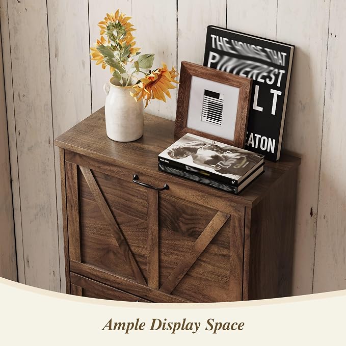 Semiocthome Farmhouse Shoe Storage Cabinet with 2 Flip Drawers, 23.6"(W) Freestanding Shoe Organizer with Barn Door and Metal Handles for Entryway, Corner Rustic Narrow Shoe Rack Cabinet - Walnut