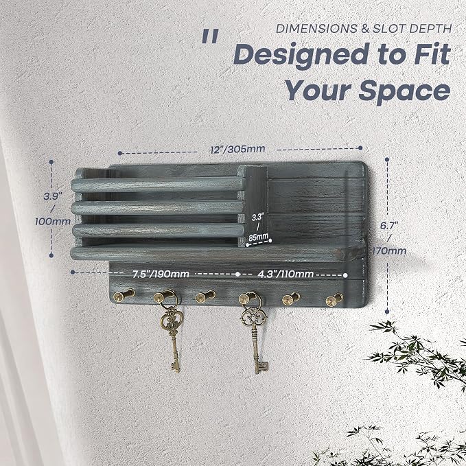 Rebee Vision Key Holder Wall Mount with Mail Slot for Entryway, Royal Blue | Key Holder for Wall, Mail Sorter, 8 Key Hooks for Hats, key Hanger, Floating Shelf, Small Plant Display, Apartment Aesthetic