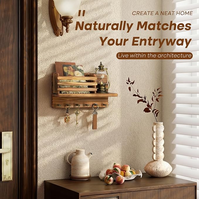 Rebee Vision Key Holder Wall Mount with Mail Slot for Entryway, Retro Brown | Key Holder for Wall, 8 Hooks for Dog Leashes, Hats Rustic Floating Shelf, Mail Sorter, New Home Essentials, Entryway Storage