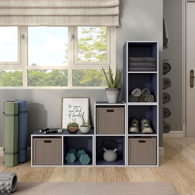 Homes: Inside + Out Apexa 2-Cube Storage Organizer Shelves, Stackable Wood Bookcase Fits Cubby Bins for Organization, Dorm Teen Room Decor & Home Office, Steel Blue