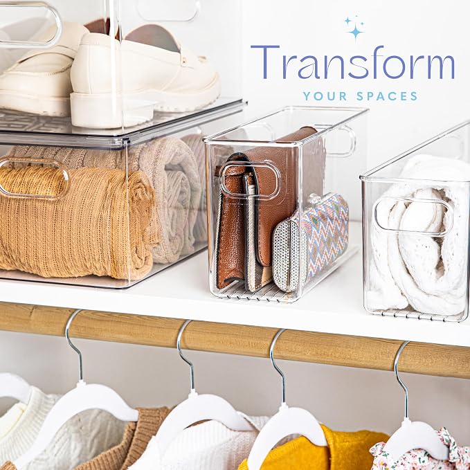 Plastic Food Storage 6 Pack Clear Container Bin with Handles for Organizing Kitchen, Pantry, Refrigerator, Freezer, Pantry, Cabinet, Closet, Bathroom. 10”x4”x6”