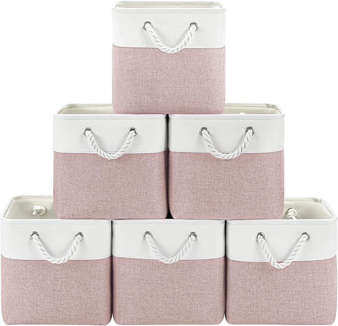 Patvingot 11-Inch Fabric Cube Storage Bins with Handles,6 Pack,Foldable | For cube shelves and closets,keeps grouped for everyday access,reinforced opening and fold-flat storage,white and pink