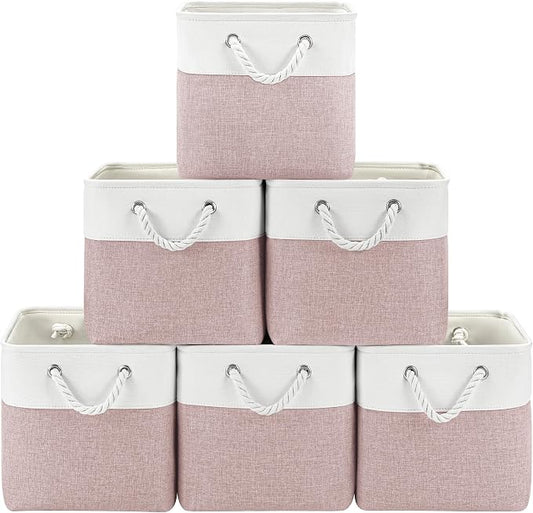 Patvingot 11-Inch Fabric Cube Storage Bins with Handles,6 Pack,Foldable | For cube shelves and closets,keeps grouped for everyday access,reinforced opening and fold-flat storage,white and pink
