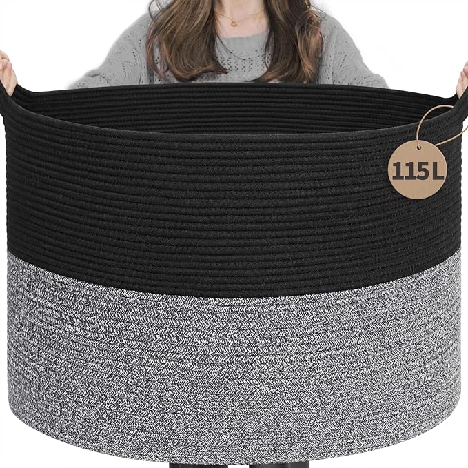 INDRESSME 115L Extra Large Woven Rope Blanket Basket Living Room Black Grey | 23.6" x 15.7" Storage baskets for toys laundry & pillows. Fits living room, bedroom or nursery décor. Soft-touch with handles