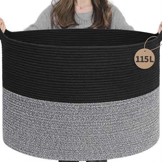 INDRESSME 115L Extra Large Woven Rope Blanket Basket Living Room Black Grey | 23.6" x 15.7" Storage baskets for toys laundry & pillows. Fits living room, bedroom or nursery décor. Soft-touch with handles