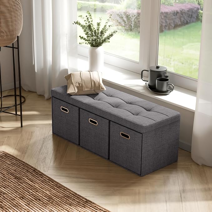 Ornavo Home 40 Inch Storage Ottoman with 3 Drawers, Tufted Linen, Dark Gray | Foldable Large Bench Design; Foot Rest Stool Seat; Ideal for Living Room, Bedroom or Entryway