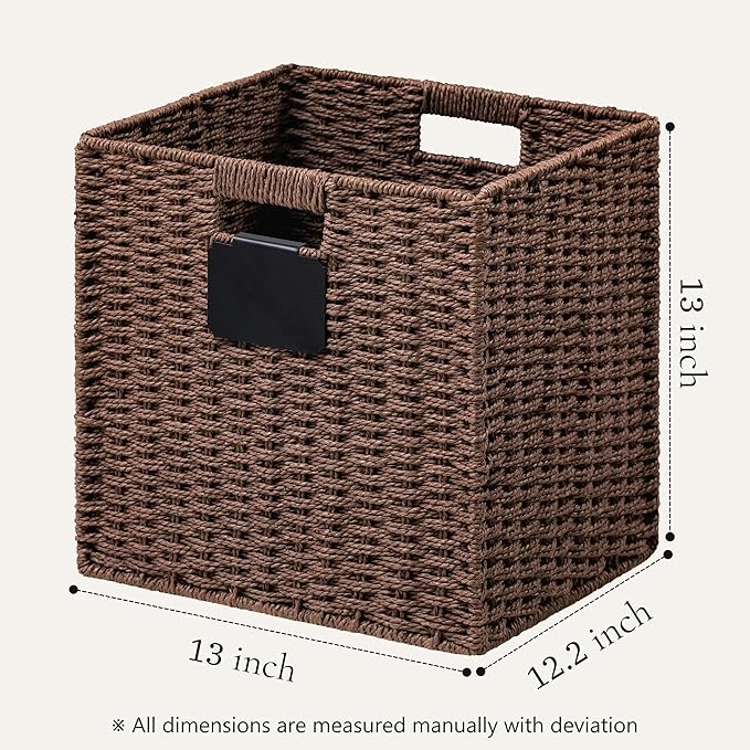 UBBCARE 4 Pack Wicker Basket, 13×13 Storage Cubes with Label, Foldable Cube Storage Bin with Handle, Square Storage Basket for Shelves, Woven Paper Rope Basket for Organizing, Brown