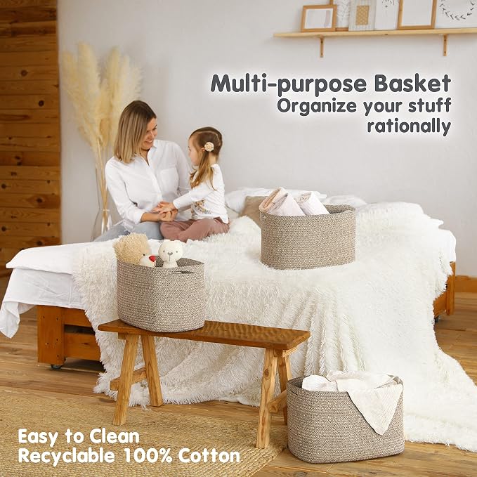 CHAT BLANC Cotton Rope Baskets for Organizing, Shelves, Toys, Storage, Shoe, Bathroom, Laundry, Towel, Nursery, Home Decor, Blanket, Cloth Woven Bins Fabric (Brown, 15"x10"x9")