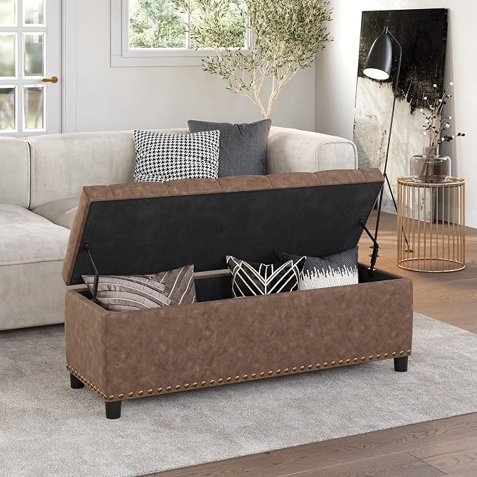 BELLEZE Storage Ottoman, Tufted Ottoman with Close Hinge, Foot Rest for Living Room (Rustic Brown, 47 inch)