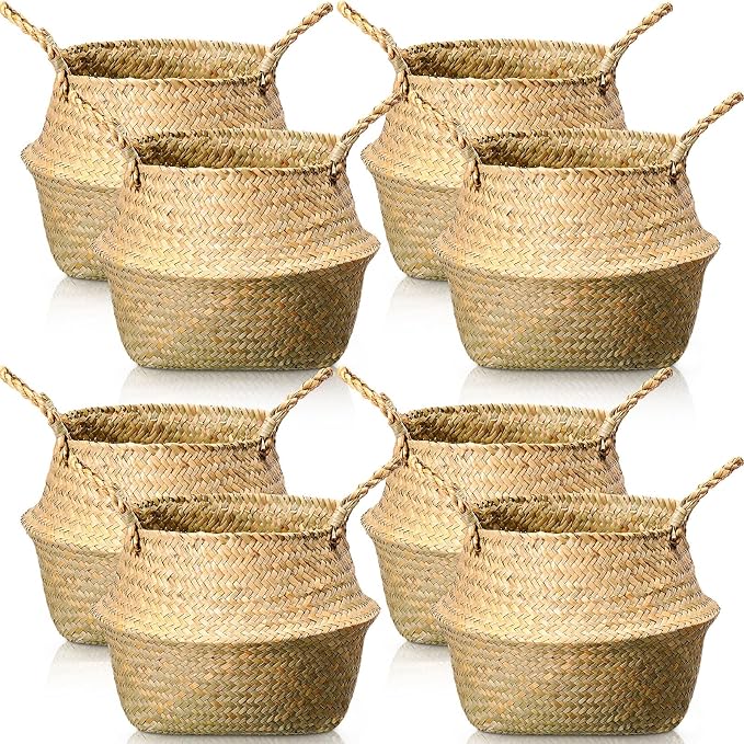 Qunclay 8 Pcs Woven Seagrass Baskets Belly Basket Folding Boho Natural Plant Pot with Handles Round Decorative Wicker Large Indoor Planter for Home Outdoor Tree Planters Decor (9 x 11 Inch)