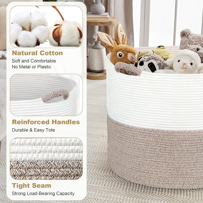 XXXXL 125L Extra Large Blanket Basket, 24.8" x 16" Jumbo Woven Basket (Includes 2 Cute Baskets), Cotton Rope Basket with Handle for Living Room, Baby Toys Nursery, Laundry (White/Gradient Brown)