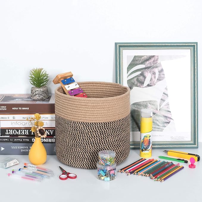 11 x 11 Inches Cotton Rope Basket for Flower Pot and Indoor Floor Planters, Decorative Round Woven Plant Pot Basket, Planter Covers, Small Dog Toy Storage Baskets, Black