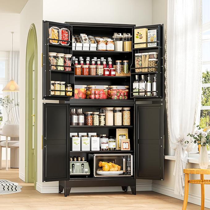 GAIOUS 74.8" Tall Metal Food Cabinet, Black Kitchen Pantry Cabinet Cupboard | Food Storage, Kitchen Organizer, Storage Cabinet with 4 Door and 4 Adjustable Shelves, Steel Freestanding, for Dining Living