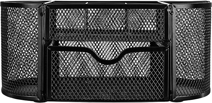 Amazon Basics Mesh Desk Organizer with Pen Holder, Pullout Drawer and Office Caddy Storage, 9.25" x 4.53" x 3.94", Black