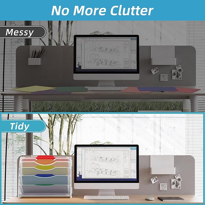 Fan Shaped Desk File Organizer, Paper File Holder for Desk, White | Metal mesh frame, tiered open design for easy access, organizes papers, folders and books for offices, schools and classrooms