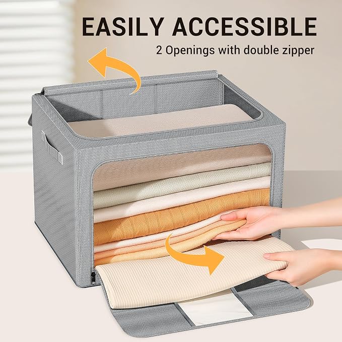 Clothes Storage Bins with Metal Frame, Foldable Clothes Organizers Storage Containers for Clothes, Sheets, Blankets, Pillows and Towels (100L, 3 Pack, Deep Grey)