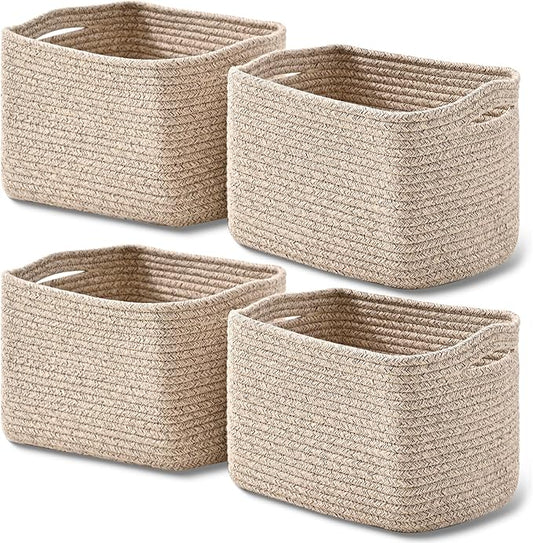 ICERZCZ Small Storage Baskets for Shelves Organizing, Woven Cotton Rope Baskets for Storage, Book Basket, Decorative Shelf Basket, 12.5"Lx9.1''Wx7.9''H (4 Packs) Mixed Brown