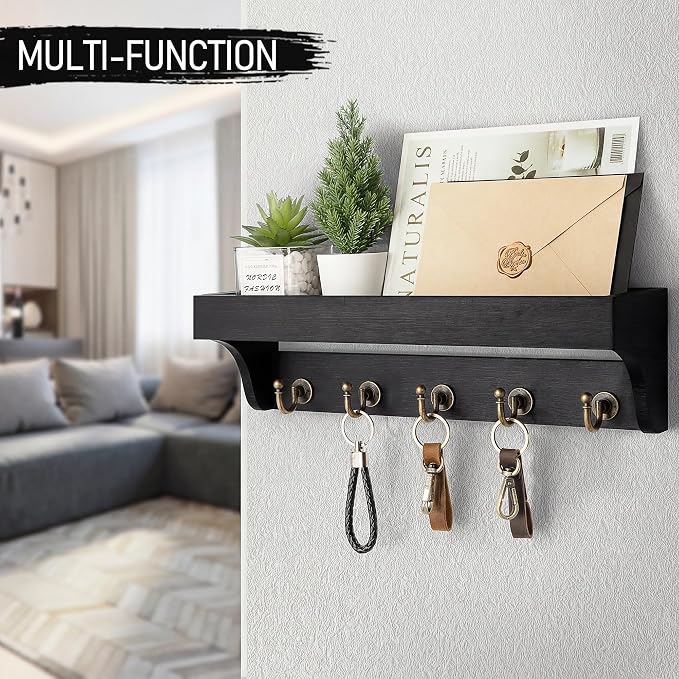 Rebee Vision Key Holder Wall Mount with Shelf & 5 Hooks for Entryway, Black | Key Holder for Wall, Mail Organizer, Plant Display, Decorative Storage, Apartment Essentials for Home Improvement