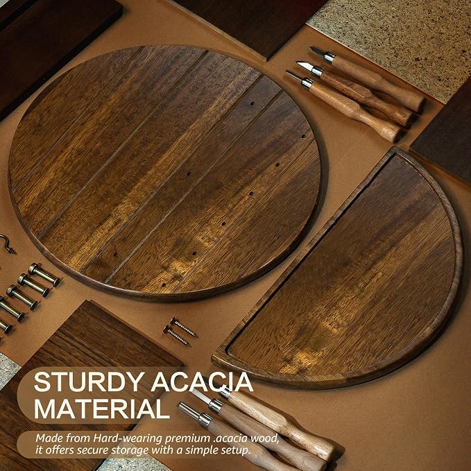 Rebee Vision Acacia Wood Round Key Holder Wall Mount for Home Decor, Brown | Round Corner, Key Holder for Wall with Floating Shelf, Rich Wood Grain, 2 Types of Hooks, Meets Daily Family Needs