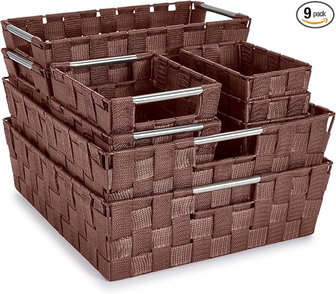 Sorbus Set of 9 Woven Storage Baskets – Mesh Hand-Woven Baskets for Organizing, Fabric Storage Bins for Linen Closet Organizer, Storage Baskets for Shelves, Home Organization and Decor (Chocolate)