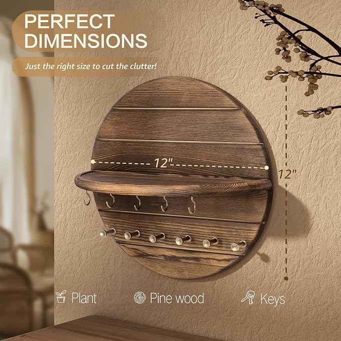 Rebee Vision Pine Wood Round Key Holder Wall Mount for Home Decor, Brown | Round Corner, Key Hooks for Dog leashes & Sunglasses, Display Shelf for Plant & Letters, Mail Organizer, Home Essentials