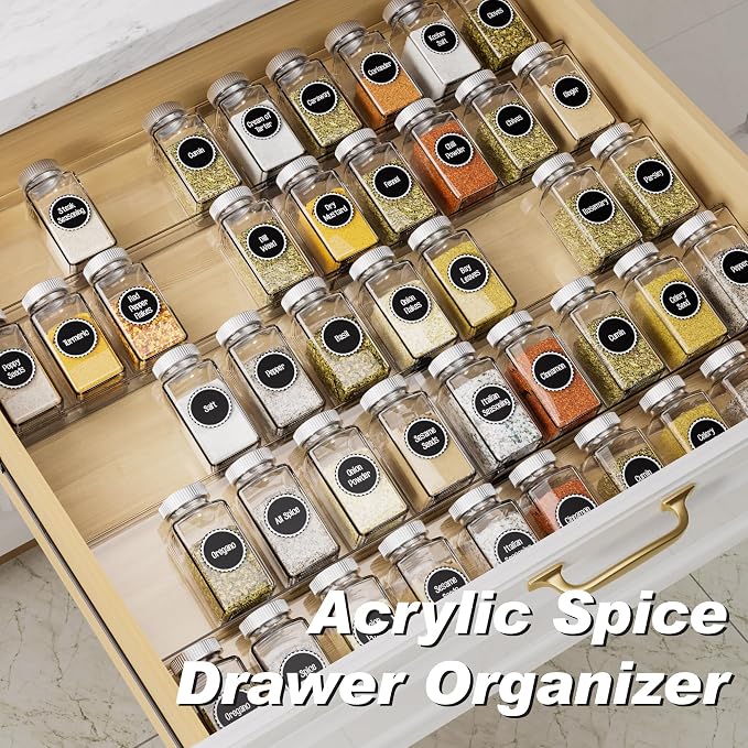 MIUKAA Acrylic Spice Drawer Organizer, 5 Tier - 10 Pack Seasoning Organizer for Drawer, Expandable From 13" to 26" Kitchen Drawer Spice Rack (Jars not Included)