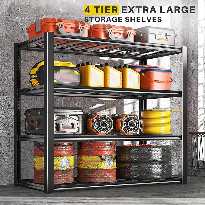 REIBII 40" W Storage Shelves with Wire Mesh Panels for Garage Organization | 560Lbs/tier, 40" W x 19.5" D x 59.5" H, Adjustable, 4-Tier, Double-Layer Frame, Rustproof Finish, for Basement Warehouse Shed