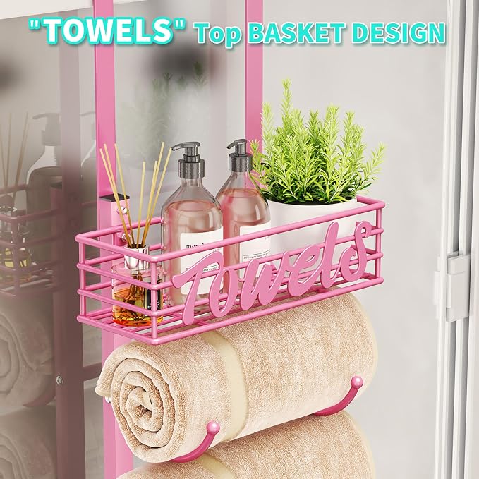 HapiRm Towel Racks for Bathroom Storage - 6 Tier Over The Door & Wall Mount Rolled Towel Storage Organizer Holder with Metal Shelf Basket for Small Bathroom, Camper, Rv - Pink, Patented