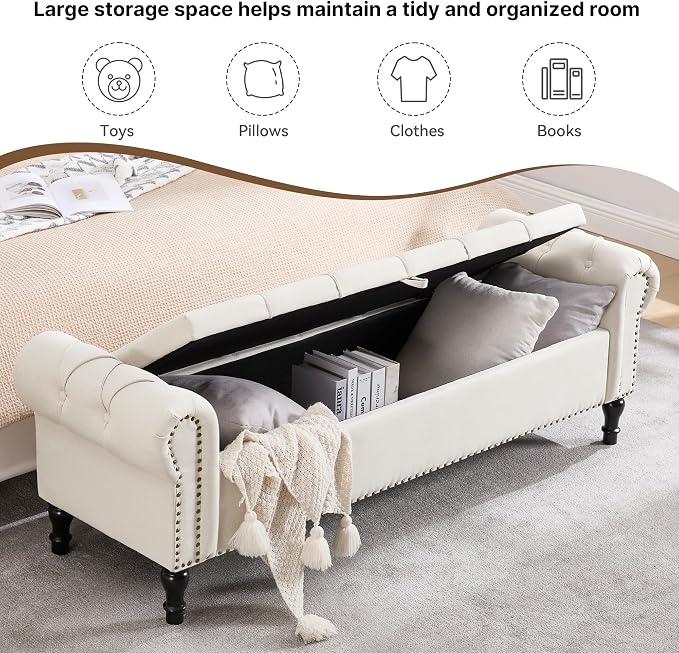 67 Inch Storage Bench for Bedroom, King Size End of Bed Bench, Upholstered Bench with Rolled Arms, Linen Tufted Button Storage Ottoman Benches, Living Room, Entryway, Cream Beige