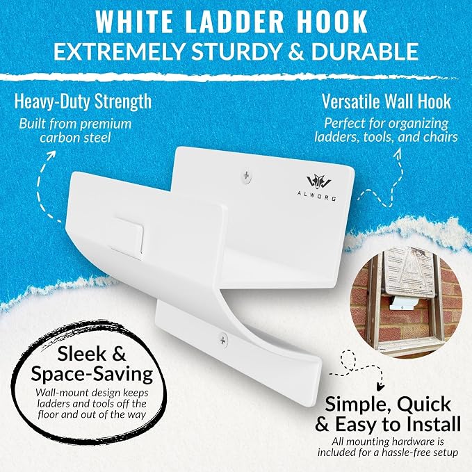 White Ladder Hooks for Garage Wall - Step Stool Holder for Shed & Workshop | Heavy Duty Wall Mount Step Ladder Hanger, Practical Space-saving Garage Storage Solution, Easy to Install