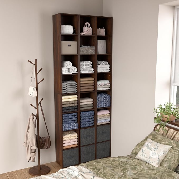 8-Cube Storage Organizer Bookcase, Tall Narrow Bookshelf for Home Office (Dark Brown)